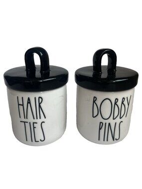 Rae Dunn Ceramic Storage Jar Hair Ties Bobby Pins Holder Cannister Black White